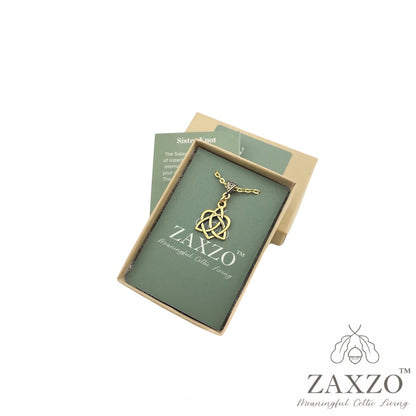 Celtic gold sister knot charm necklace on trinity bail shown in open gift box