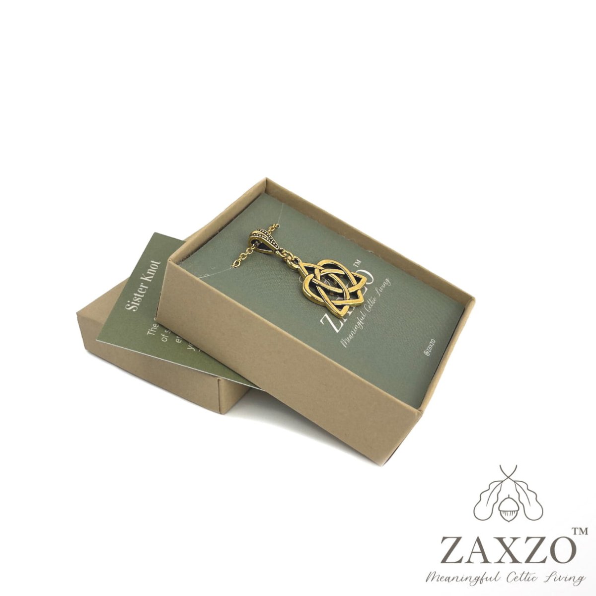 Celtic gold sister knot pendant necklace on bail shown in open gift box
