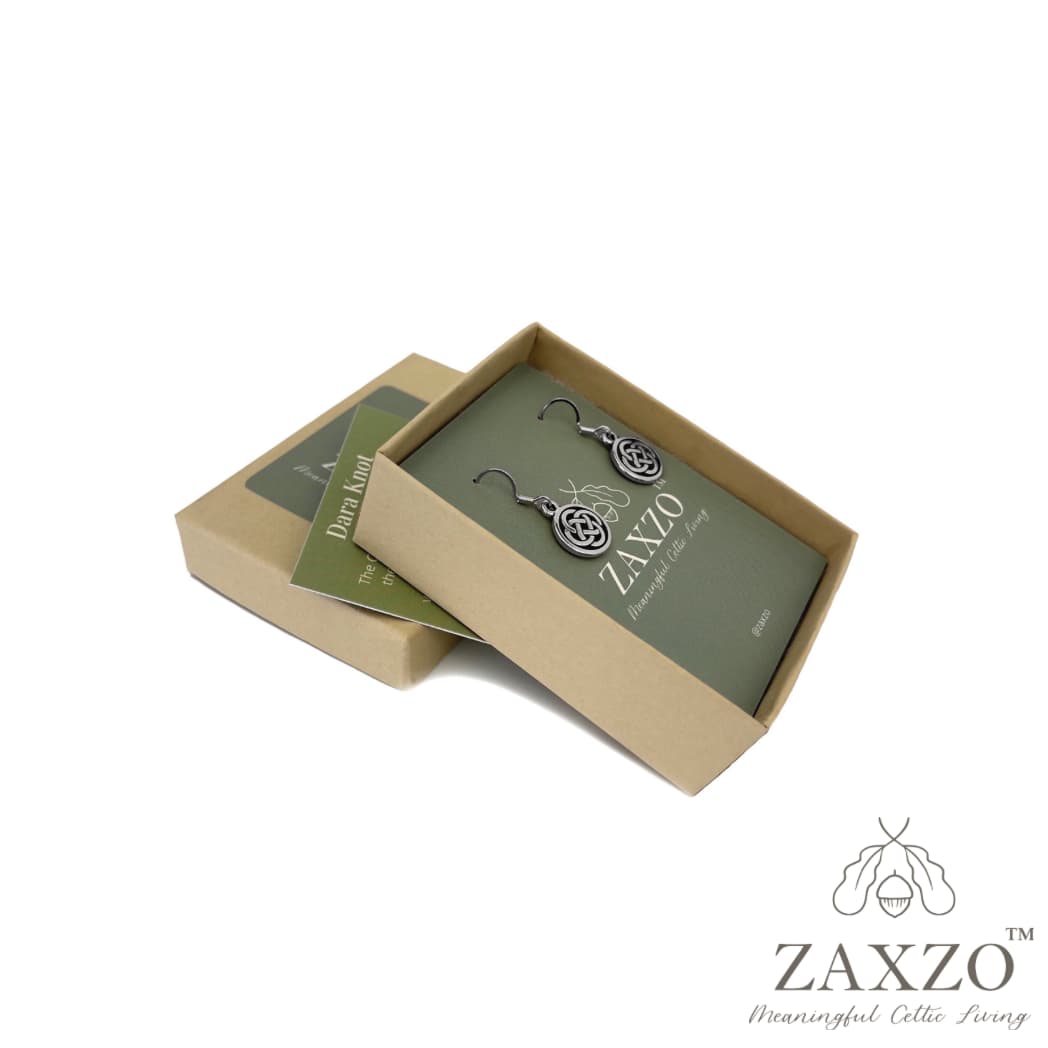 Silver Celtic Dara knot earrings on Sterling French wire shown in gift box with meaning card