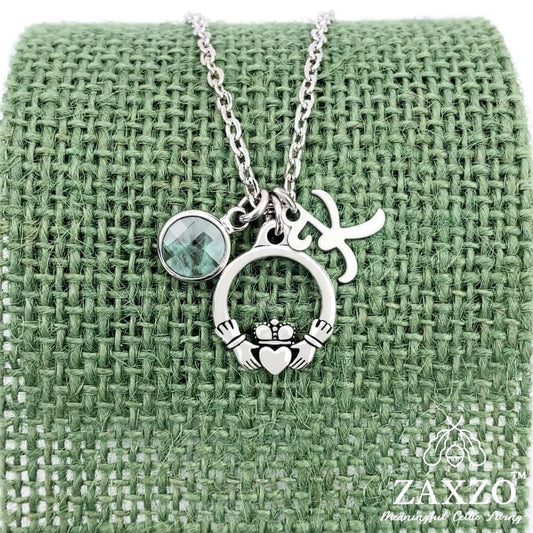 Personalized silver Irish Claddagh necklace with April birthstone and letter