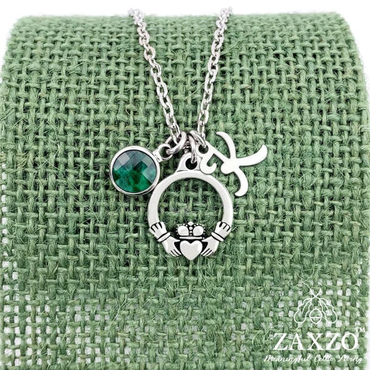 Personalized silver Irish Claddagh necklace with May birthstone and letter