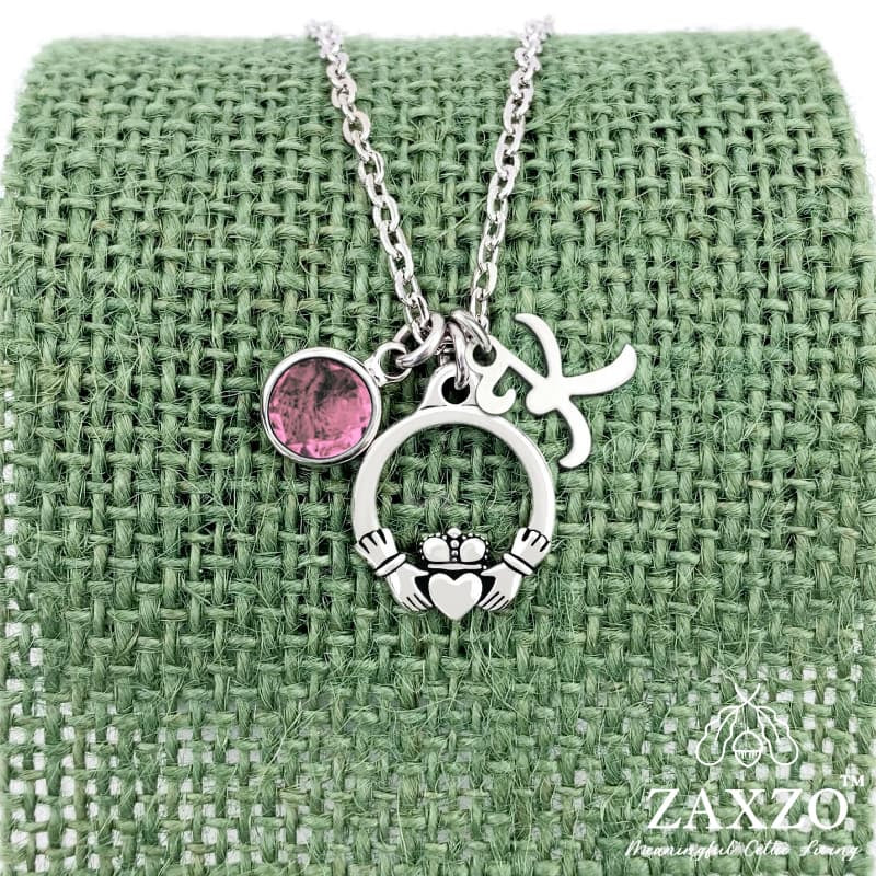 Personalized silver Irish Claddagh necklace with October birthstone and letter