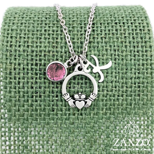 Personalized silver Irish Claddagh necklace with October birthstone and letter