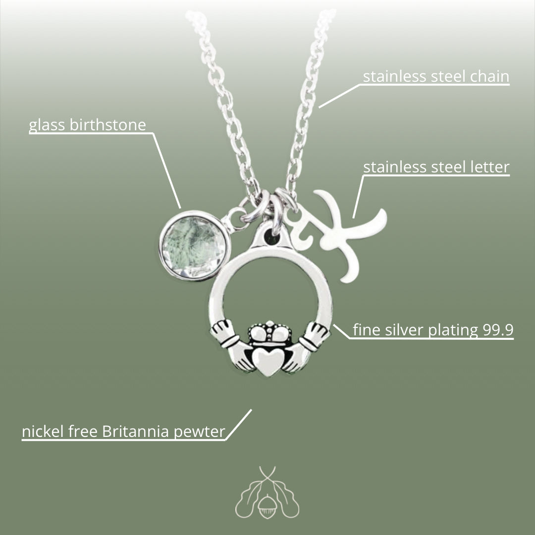 Graphics showing materials used for creating the silver irish Claddagh necklace with birthstone and letter.