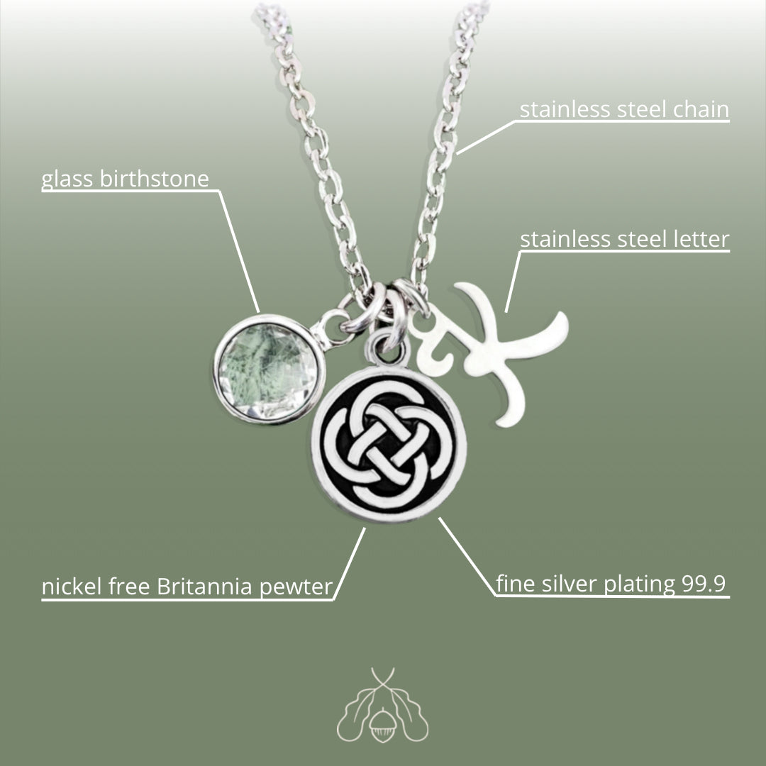 Graphics showing materials used for creating the silver Celtic Dara knot necklace with birthstone and letter.