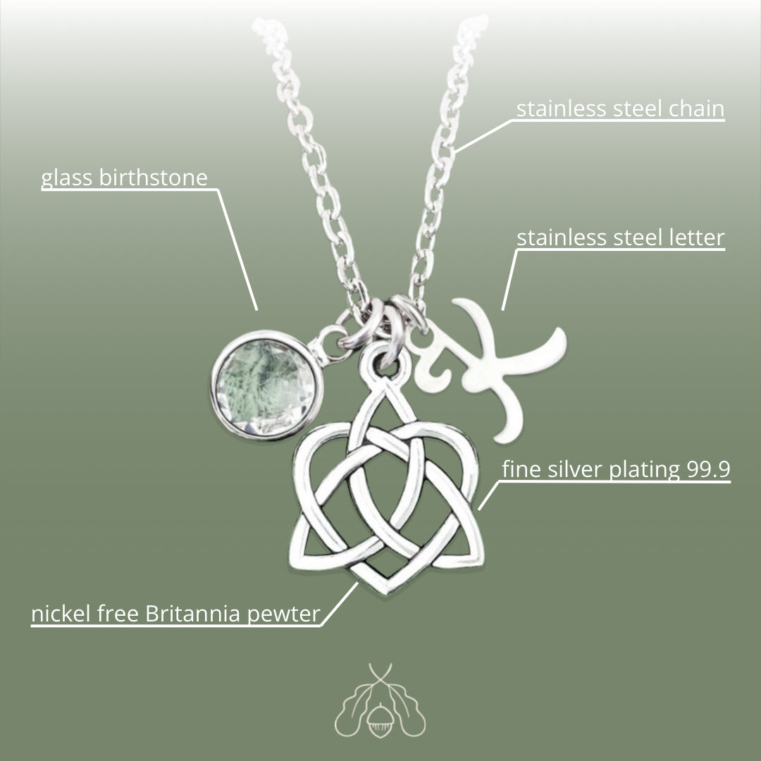 Graphics showing materials used for creating the silver Celtic sister knot necklace with birthstone and letter.