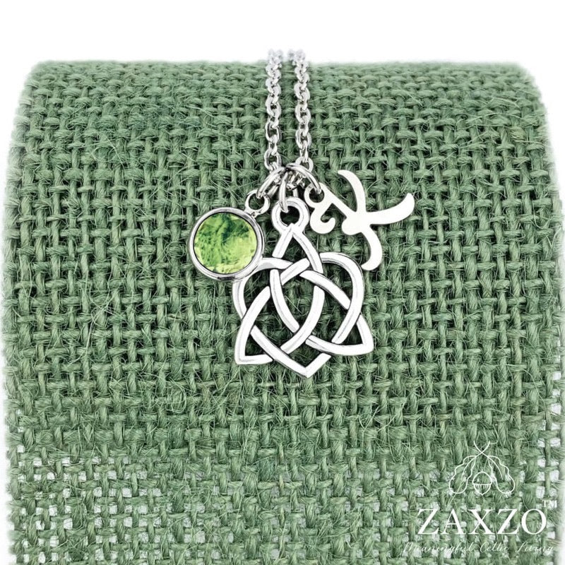 Celtic Sister knot necklace with August birthstone and choice of letter.