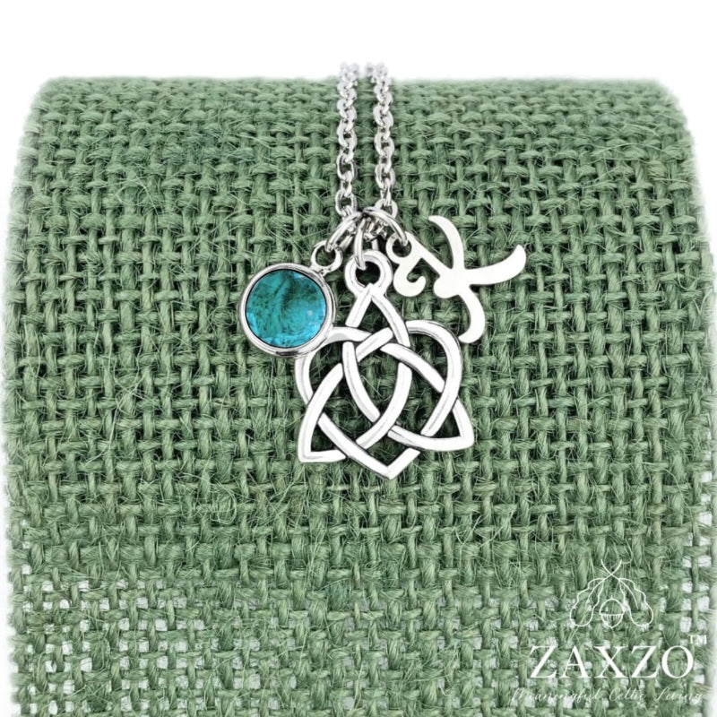 Celtic Sister knot necklace with December birthstone and choice of letter.