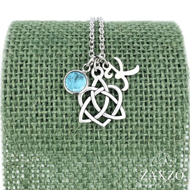 Celtic Sister knot necklace with March birthstone and choice of letter.