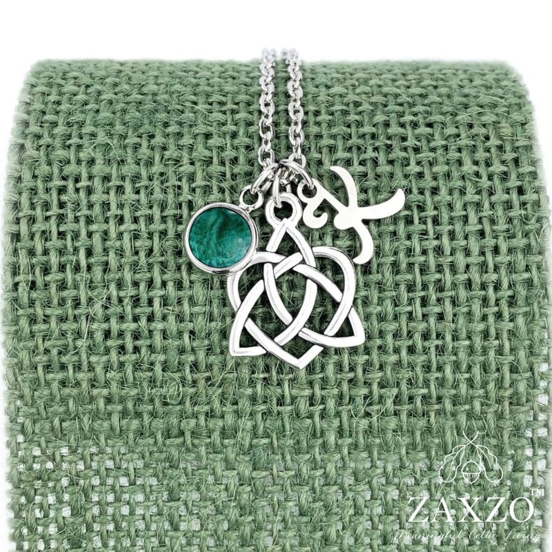 Celtic Sister knot necklace with May birthstone and choice of letter.