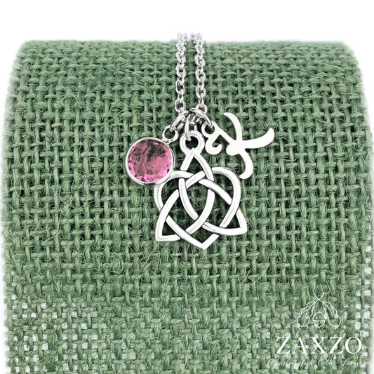 Celtic Sister knot necklace with October birthstone and choice of letter.
