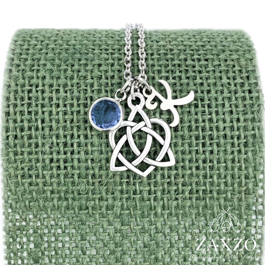 Celtic Sister knot necklace with September birthstone and choice of letter.
