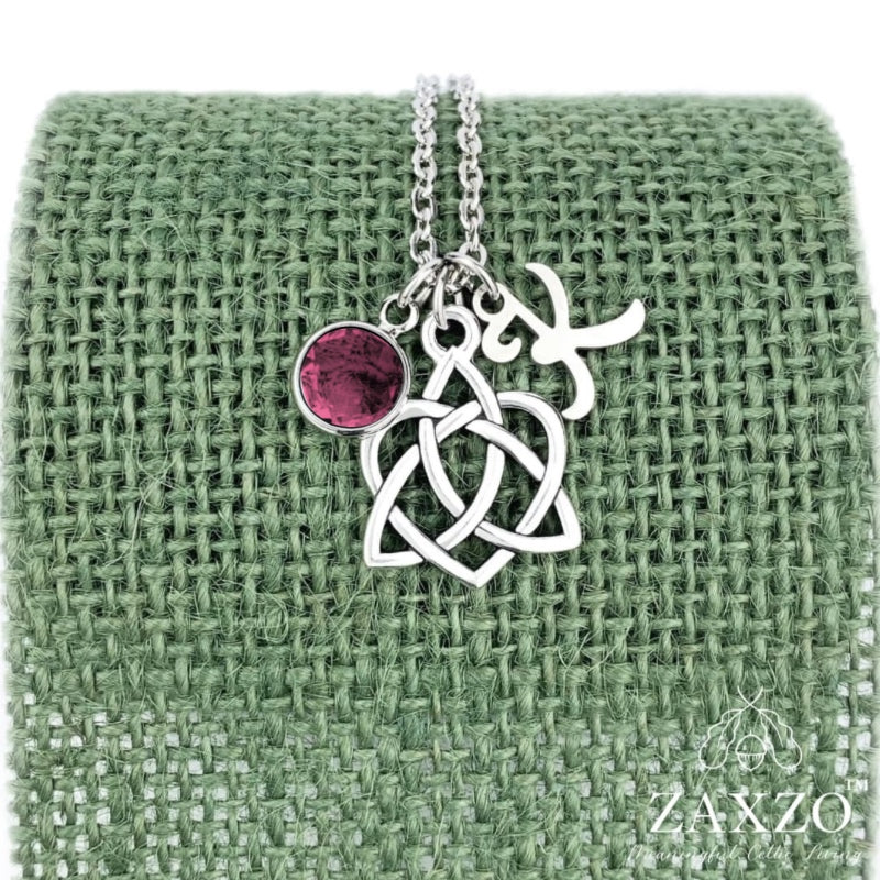 Celtic Sister knot necklace with January birthstone and choice of letter.