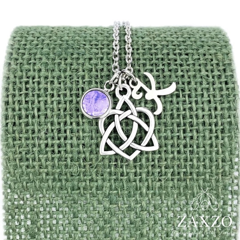 Celtic Sister knot necklace with december birthstone and choice of letter.