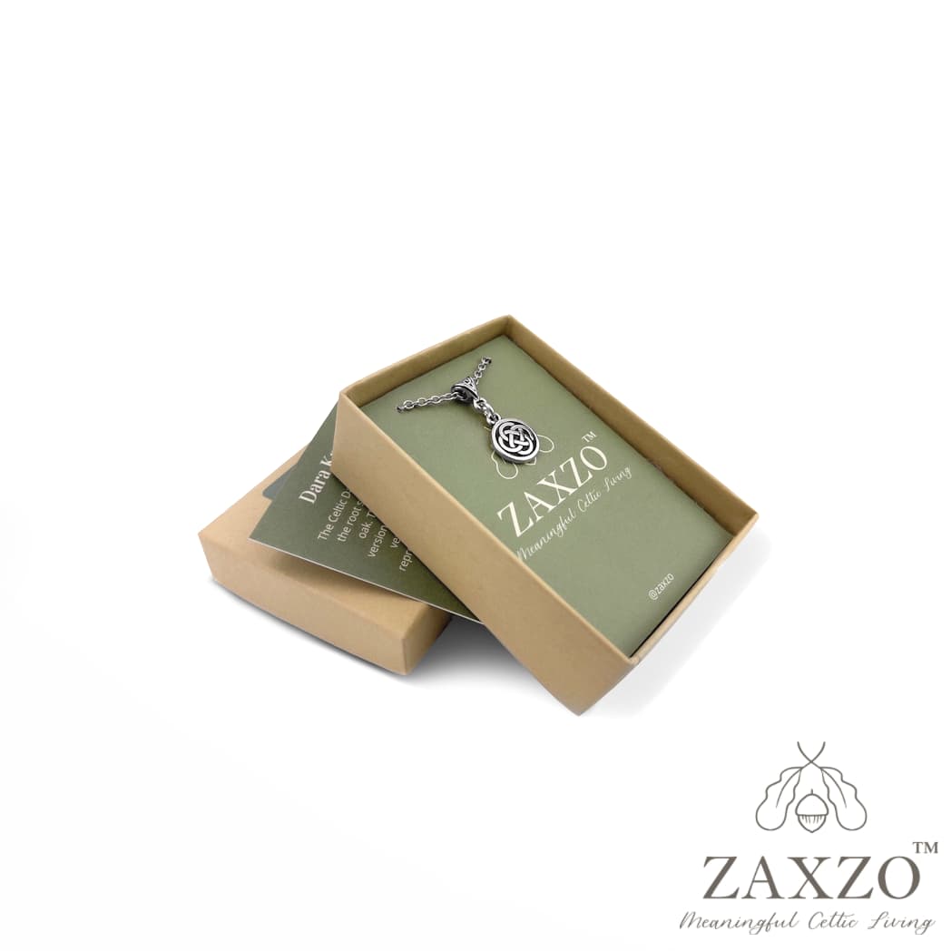 Small Celtic silver Dara knot necklace shown in open jewelry gift box