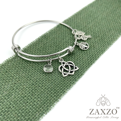 Silver Celtic Sister Knot Bangle with Side Charms and Birthstone