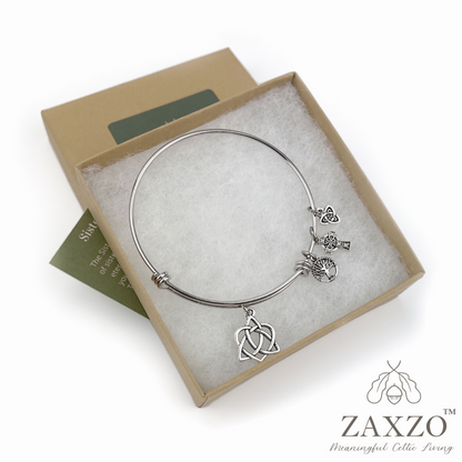 Silver Celtic Sister Knot Bangle with Side Charms and Birthstone