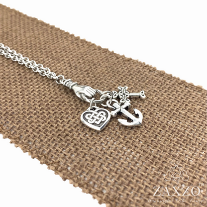 Heavy larger necklace with a hand holding cross, anchor and Celtic heart