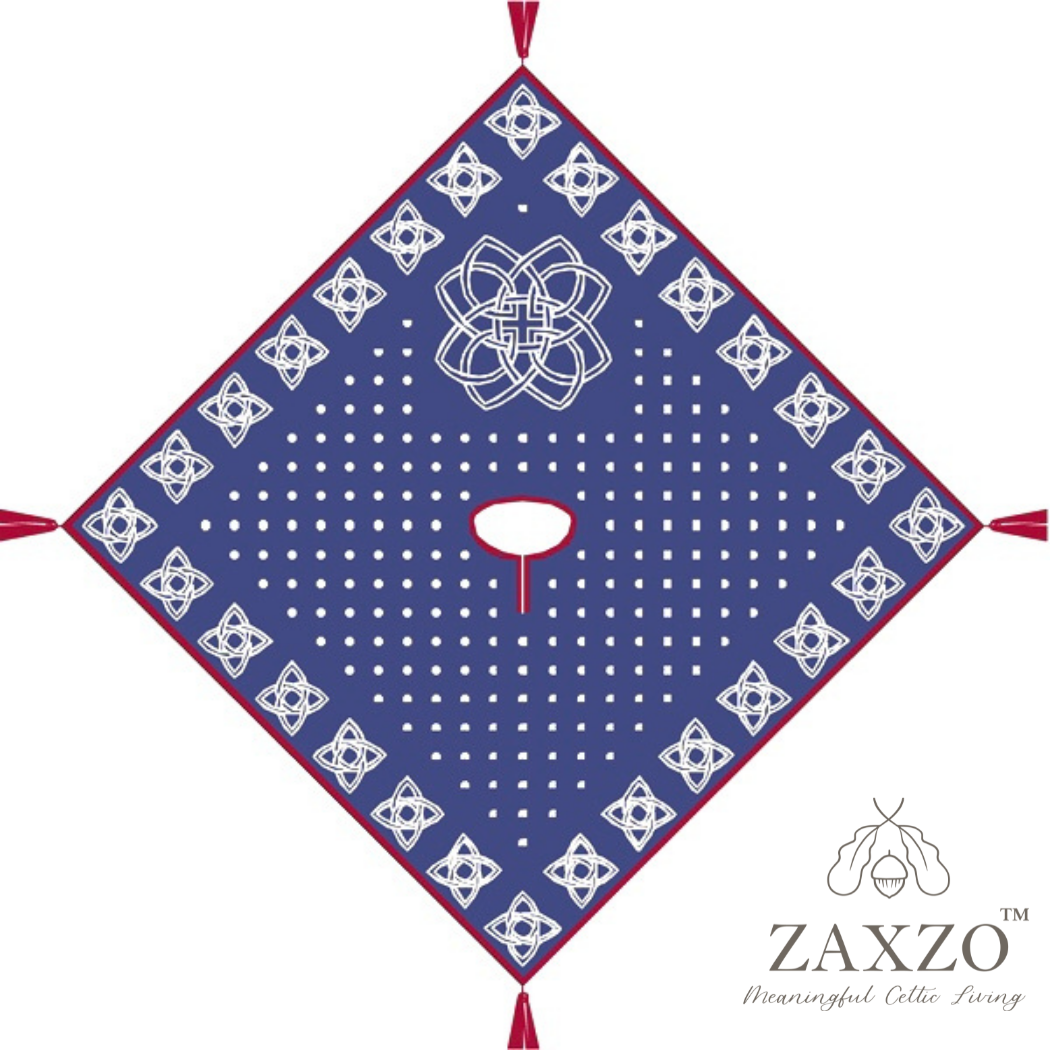 Americana graphic overview of denim blue poncho with winter white Celtic flower knot pattern and red edge