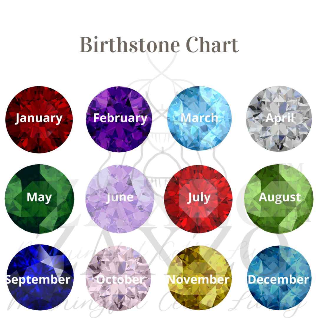 Illustration of birthstone options with faceted stones in 12 colors and text on top for the related month