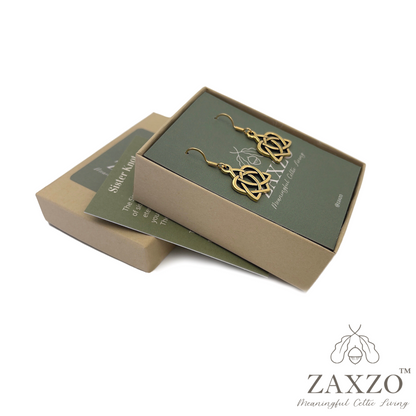 Celtic gold sister knot earrings on gold filled French wire shown in box with meaning card