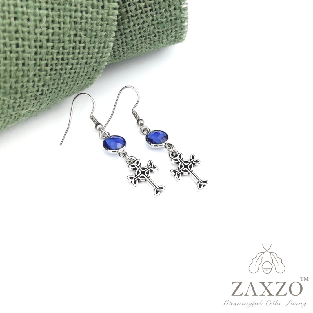 Celtic silver cross knot birthstone earrings on French wire