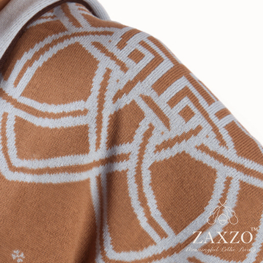 Closeup up of camel and pale blue flower scarf wrap