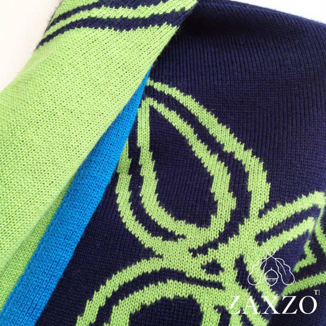 Closeup up of navy and lime Celtic knot scarf wrap from back