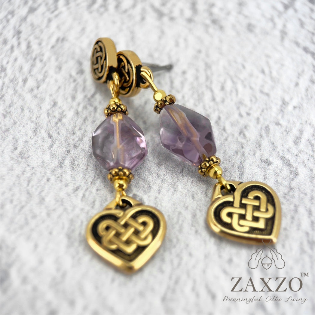 Gold Celtic everlasting love knot earrings with platinum post ear pin and lavender amethyst_2