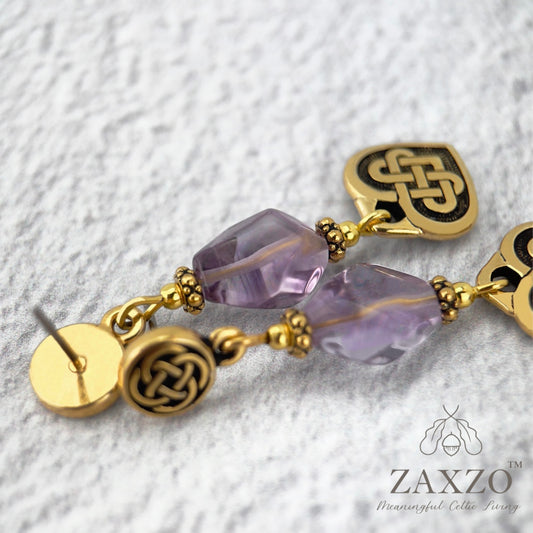 Gold Celtic everlasting love knot earrings with platinum post ear pin and lavender amethyst_3
