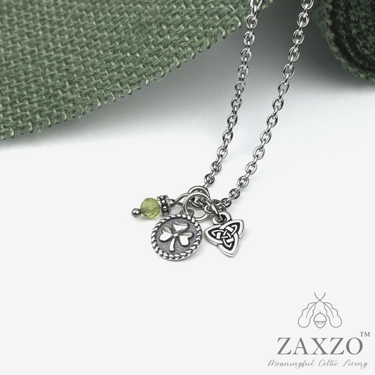 Irish shamrock necklace with peridot bead and Triquetra charm