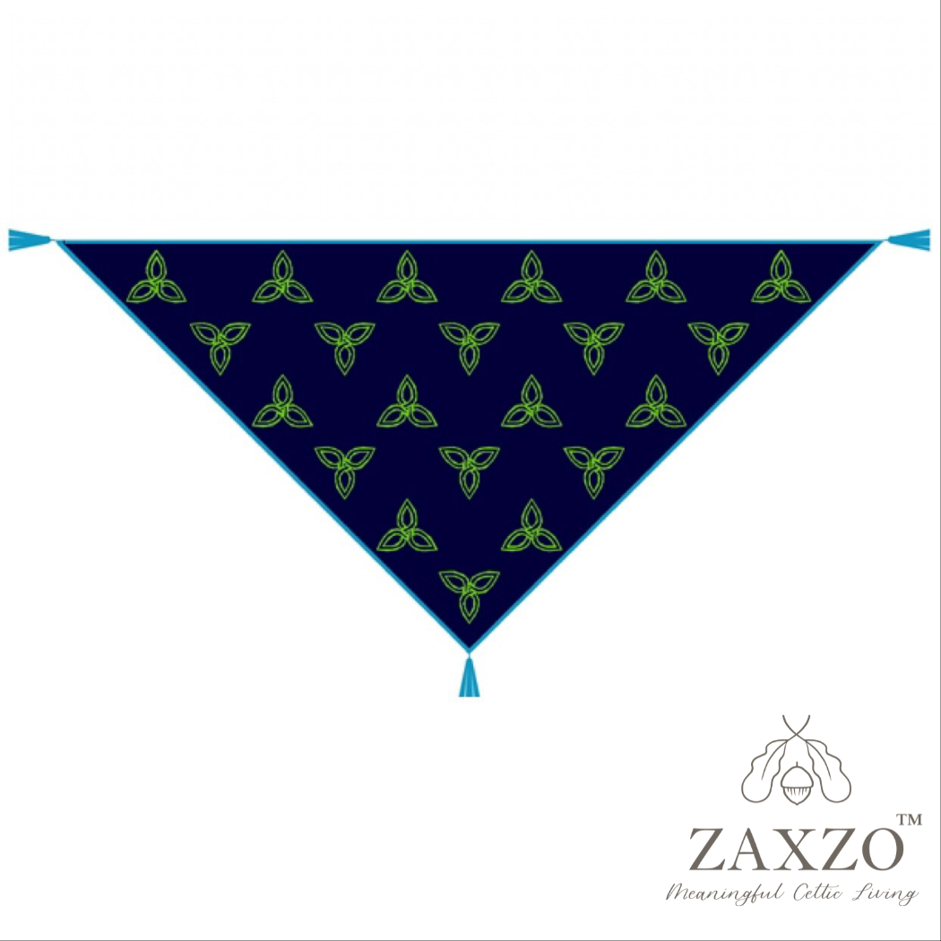 Graphic overview of navy shawl with lime Celtic knot pattern