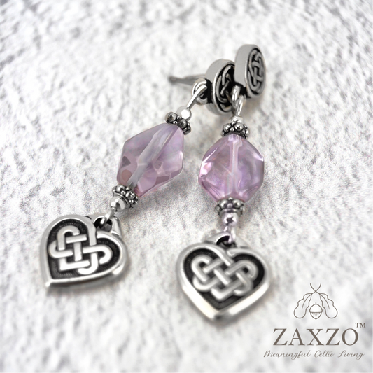Silver Celtic everlasting love knot earrings with platinum post ear pin and lavender amethyst