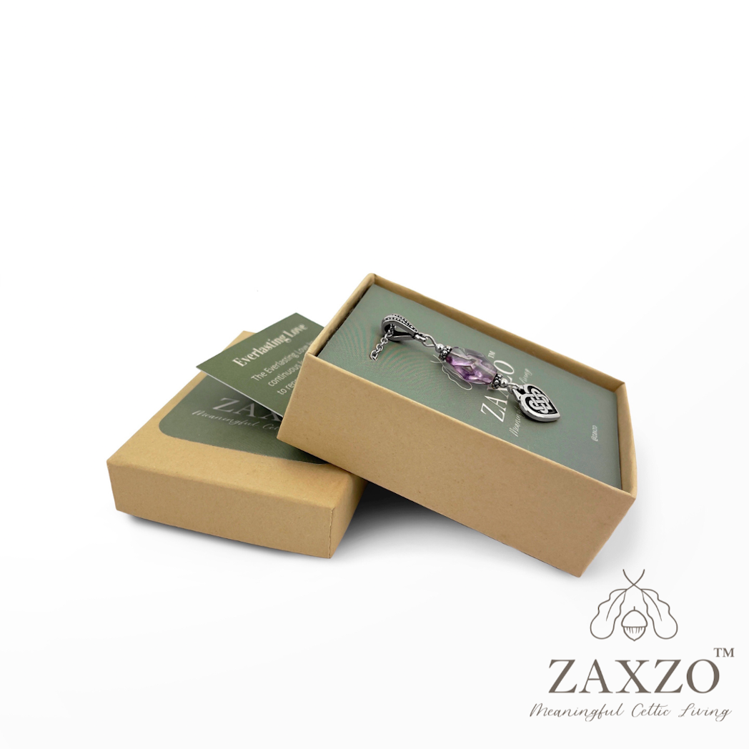 Silver Celtic everlasting love knot necklace with chain and amethyst stone in gift box with meaning card