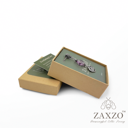 Silver Celtic everlasting love knot necklace with chain and amethyst stone in gift box with meaning card