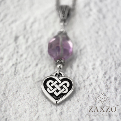 Silver Celtic everlasting love knot necklace with chain and amethyst stone from front
