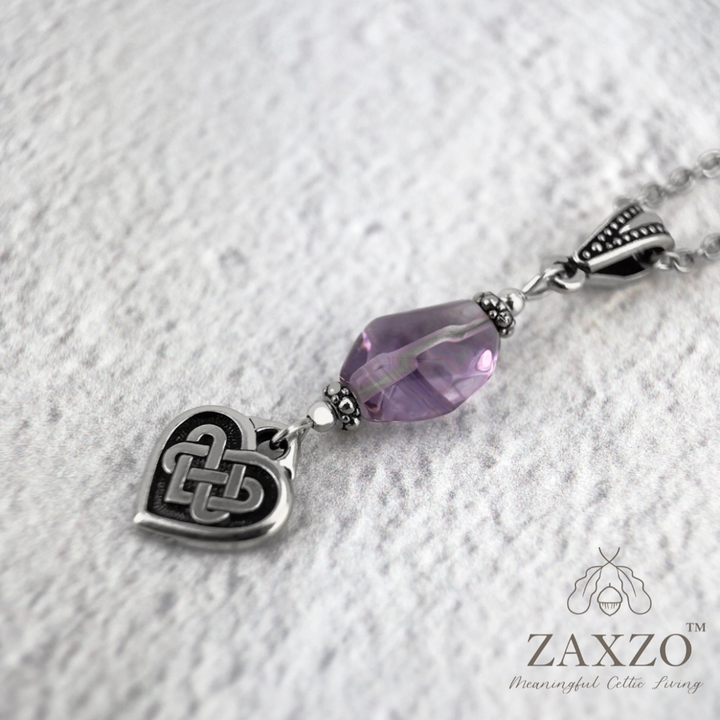 Silver Celtic everlasting love knot necklace with chain and amethyst stone from side 