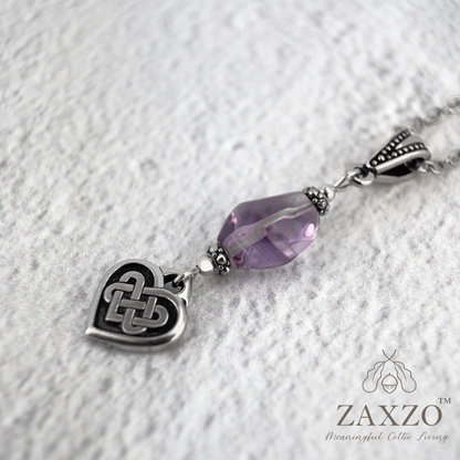 Silver Celtic everlasting love knot necklace with chain and amethyst stone from side 