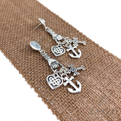 Silver faith hope and charity post earrings showing front and back