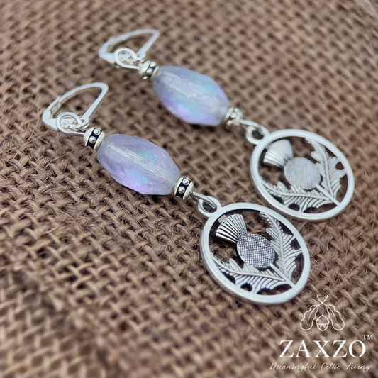 Silver Scottish thistle earrings with purple Czech beads on sterling lever back ear wire