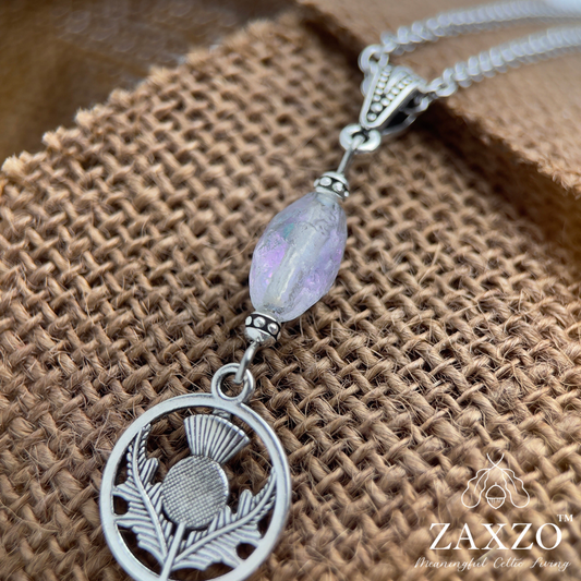 Silver Scottish thistle necklace with purple Czech beads on chain