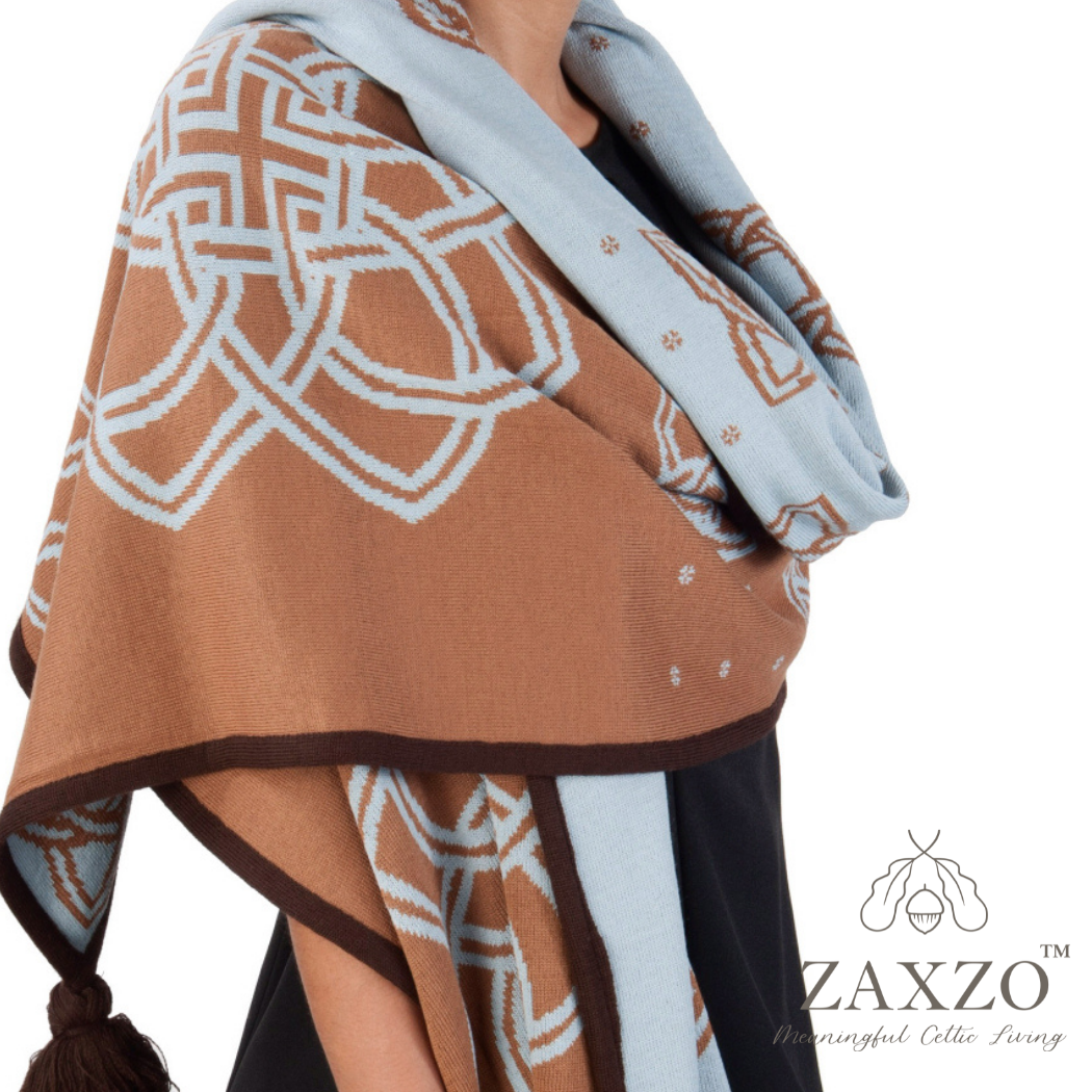 Woman wearing camel and pale blue flower scarf wrap
