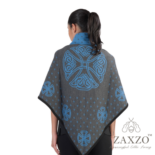 Woman wearing grey triangular wrap with contrast medium blue cross shown from back